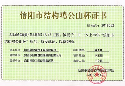 “息县城南区域棚户区改造项目5#、6#工程”被授予2018上半年“信阳市结构鸡公山杯”称号