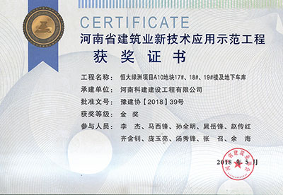 “恒大绿洲项目A10地块17#、18#、19#楼及地下车库工程”荣获“河南省建筑业新技术应用示范工程”金奖