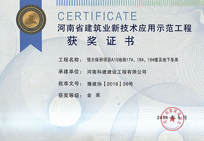 “恒大绿洲项目A10地块17#、18#、19#楼及地下车库工程”荣获“河南省建筑业新技术应用示范工程”金奖