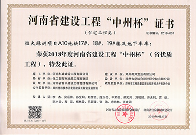 恒大绿洲项目A10地块17#、18#、19#楼及地下车库荣获“2018年度河南省建设工程中州杯（省优质工程）”